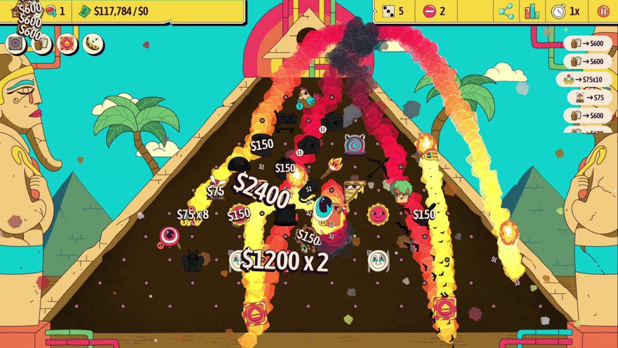 A pyramid containing several colourful cartoon explosions in Ballionaire.