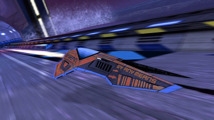 A fancy antigrav ship speeds along a tunnel in Wipeout homage BallisticNG.