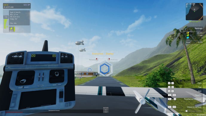 The player holds a radio controller and model plane on a runway in Balsa Model Flight Simulator