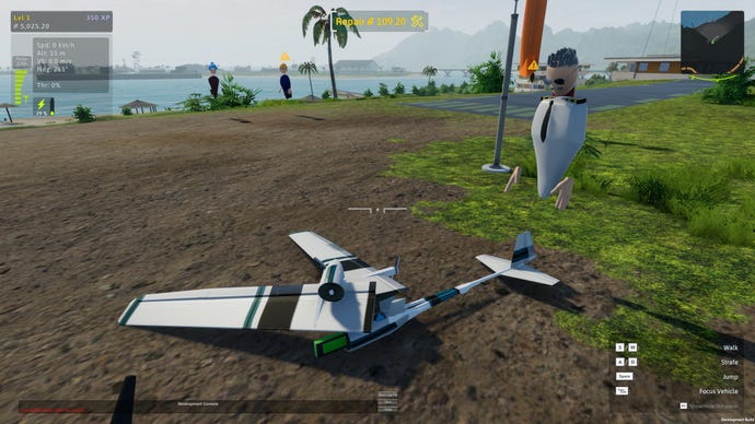 A model plane lies broken in the dirt in Balsa Model Flight Simulator