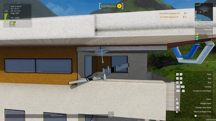 A model plane gets stuck in an apartment balcony in Balsa Model Flight Simulator