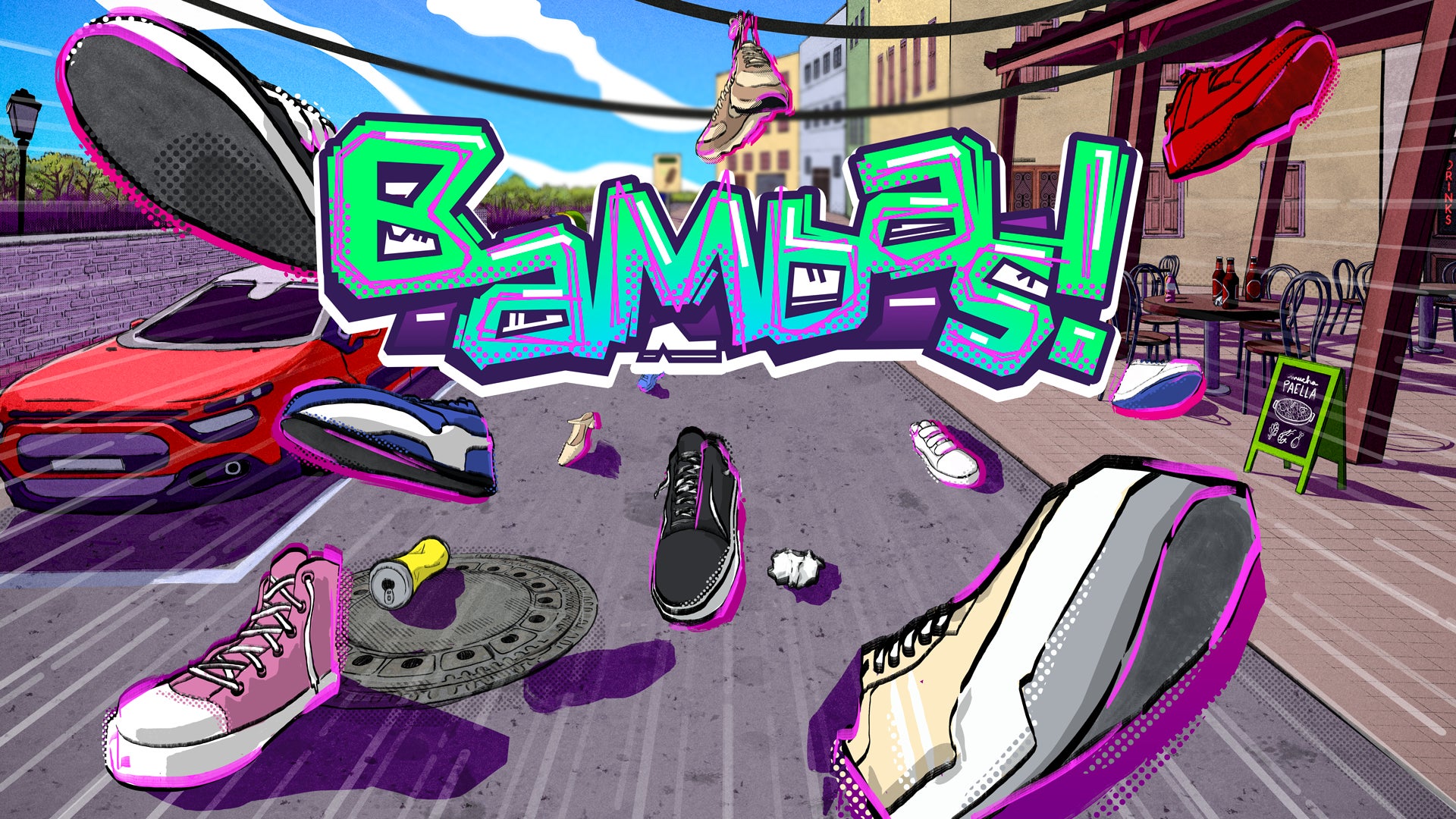 A bunch of stylish cartoony shoes surrounding the title art for Bambas! - 1