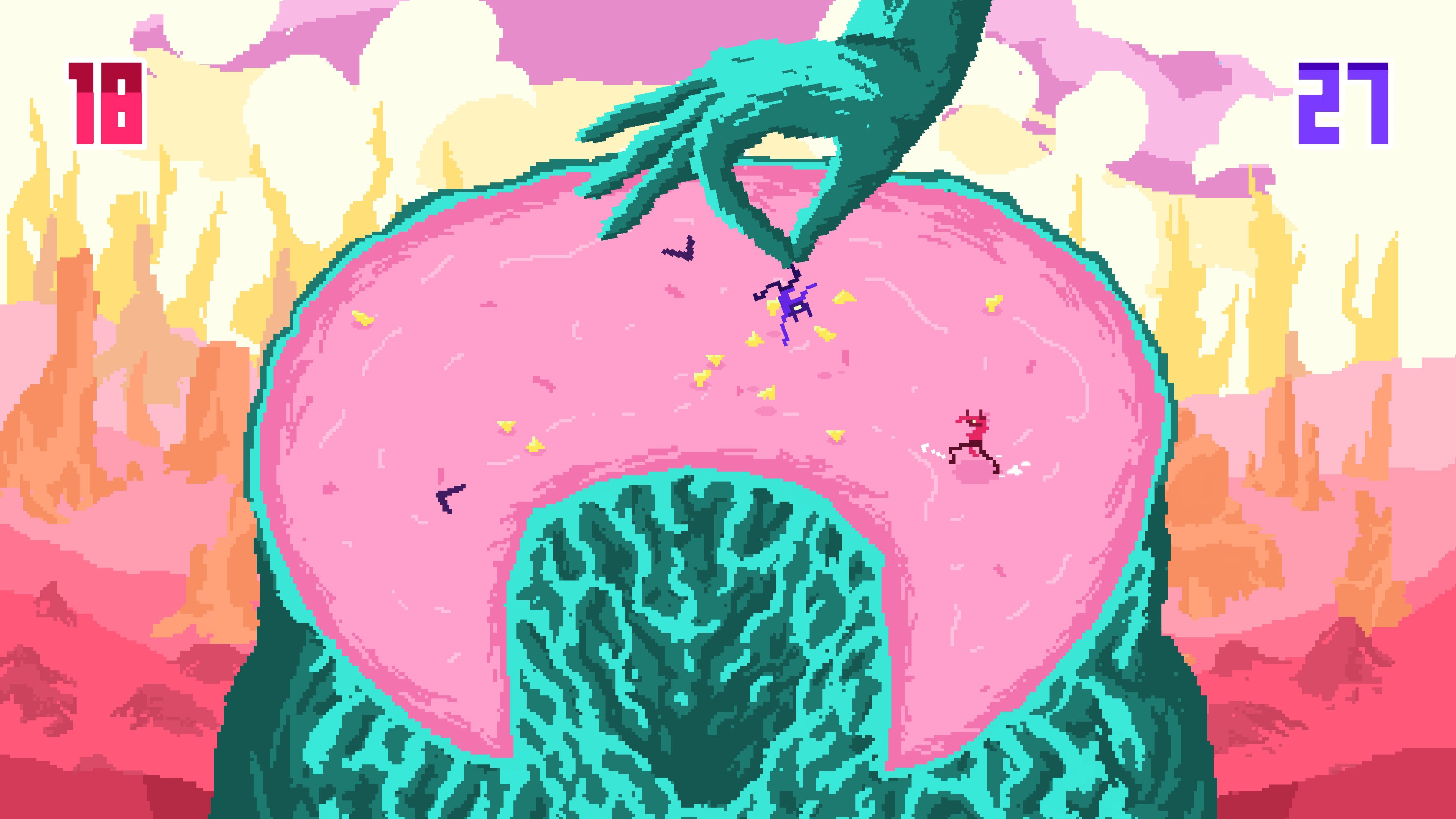 A screenshot of Bamerang showing several small pixel people on a flat-topped mountain throwing boomerangs at each other while one is hoisted into the air and shaken by a giant hand.