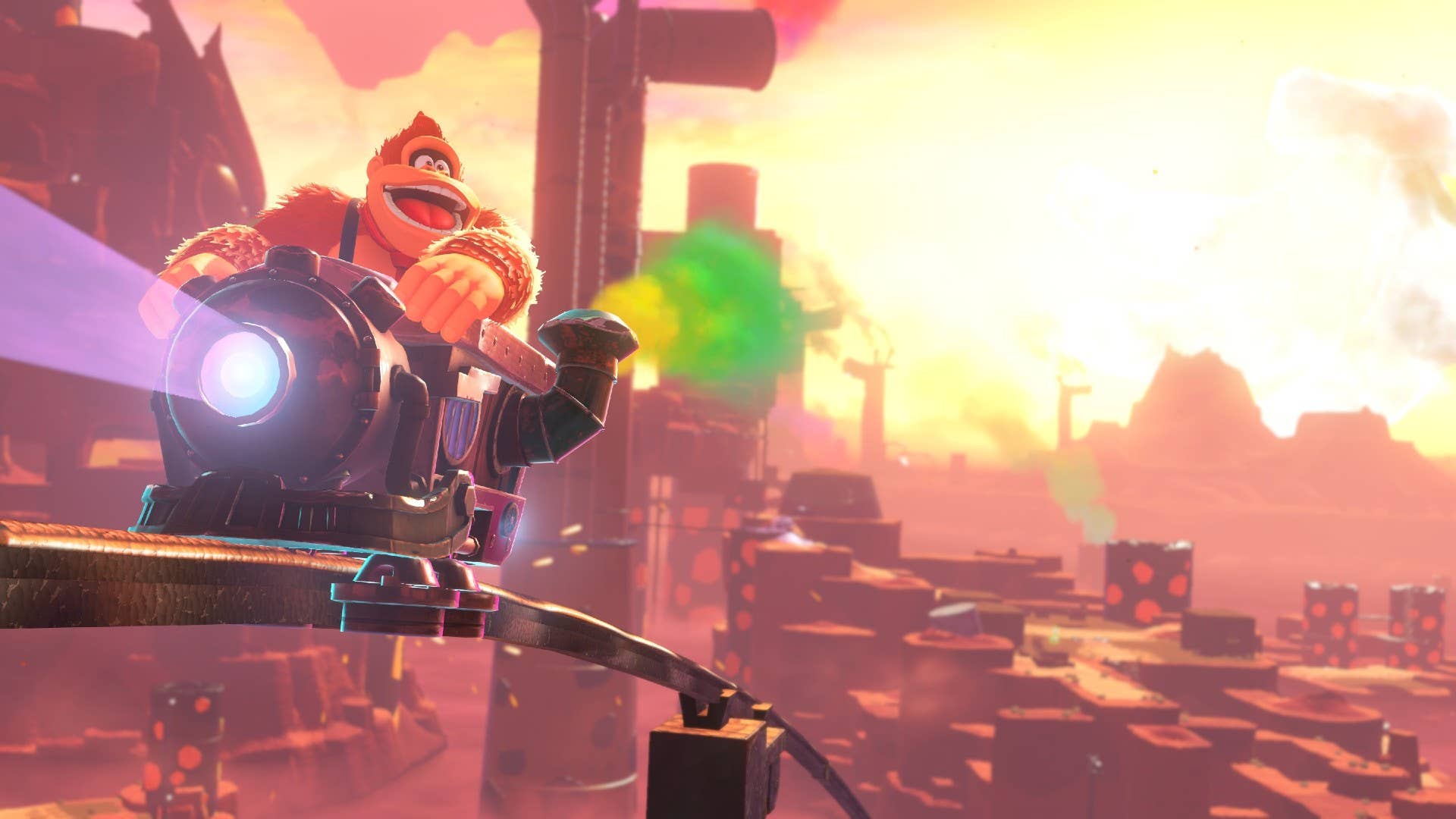 A goofy, happy Donkey Kong drives a small steam engine train over a tall railing in a canyon setting.