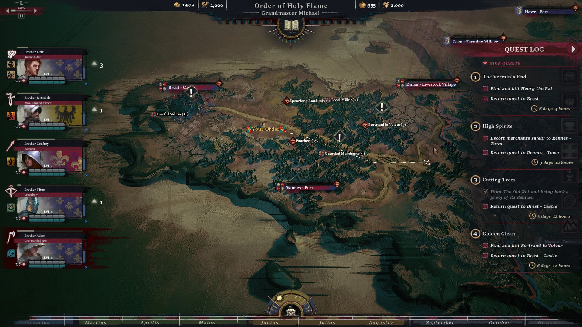 The overworld in Band Of Crusaders, showing countryside and cities with placenames and lists of units down the side - 3