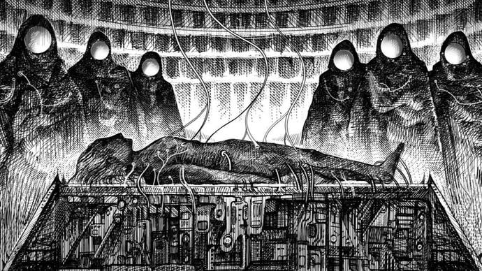 A detailed black and white pencil sketch showing a humanoid body lying on a plinth in the foreground, with six, robed, faceless figures gathered around it. Intricate wiring connects to all parts of the body.