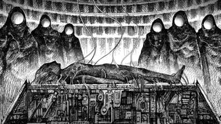 A detailed black and white pencil sketch showing a humanoid body lying on a plinth in the foreground, with six, robed, faceless figures gathered around it. Intricate wiring connects to all parts of the body.