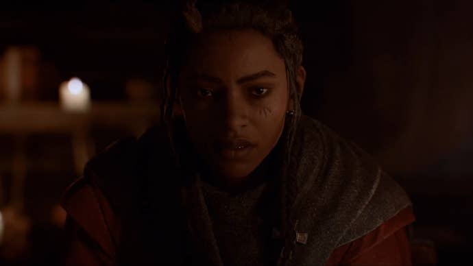 Antea, one of the protagonists of Banishers: Ghosts Of New Eden, looks into the camera with a grim and concerned expression.
