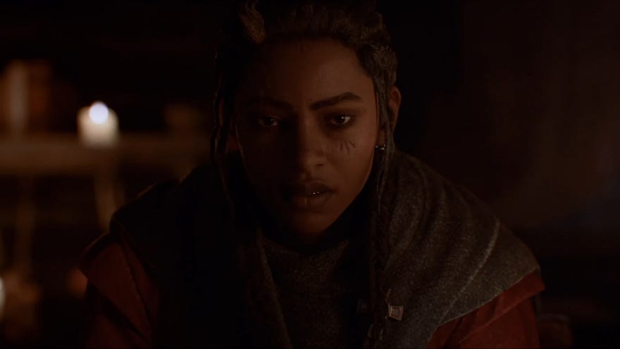 Antea, one of the protagonists of Banishers: Ghosts Of New Eden, looks into the camera with a grim and concerned expression.