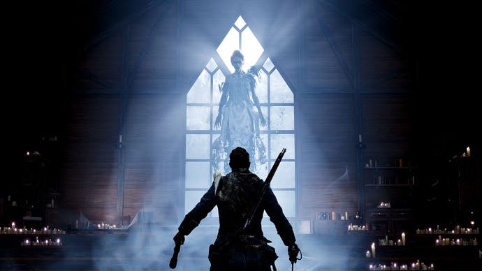 Banishers: Ghosts of New Eden official screenshot showing the silhouette of a man with a gun facing a ghost levitating in front of a pointed window