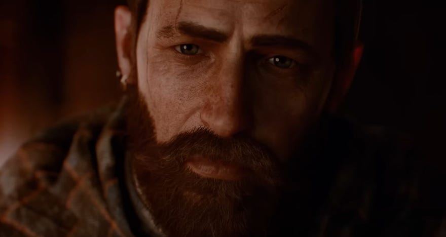 Red, one of the protagonists of action RPG Banishers: Ghosts Of New Eden, looking glumly into the camera.