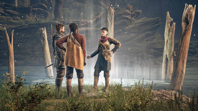 Three characters conversing near a glowing mystic circle in Banishers: Ghosts of New Eden