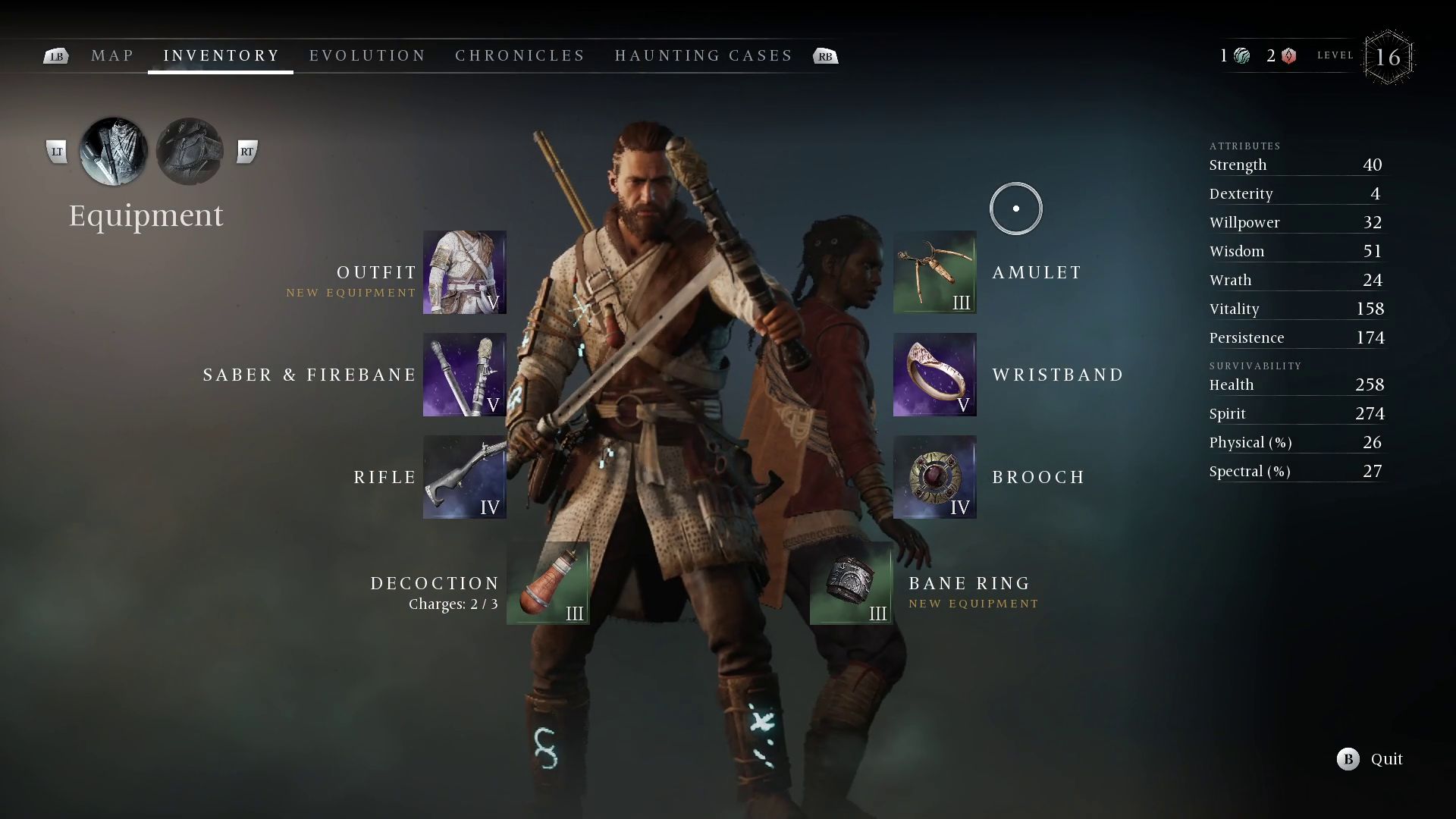 The pause screen showing Red and Antea's stats and gear in Banishers: Ghosts Of New Eden - 5