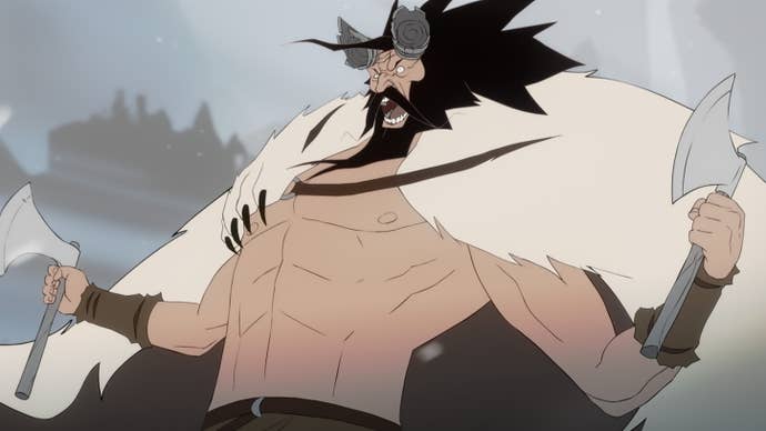Varl berserker Bolverk screaming in The Banner Saga 2