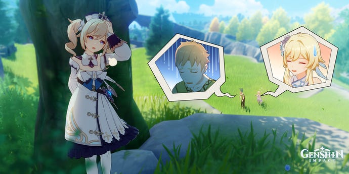 Barbara stands sadly during one of her Hangout Event endings in Genshin Impact.