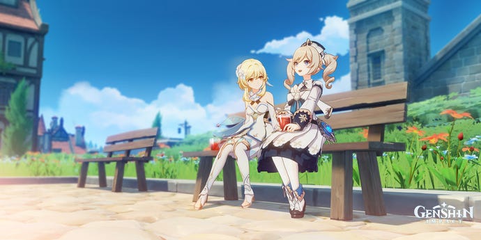 Barbara and Lumine sit on a bench and enjoy a drink in Genshin Impact’s Mondstadt.