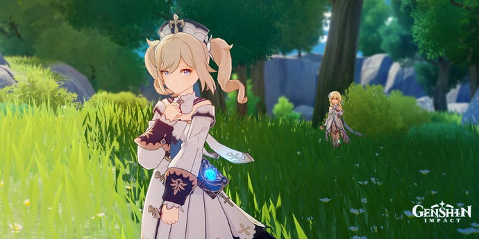 Barbara ponders her Hangout Event’s ending as Lumine watches in Genshin Impact.