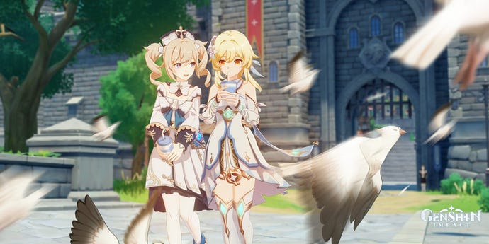 Barbara and Lumine stand at the gates of Mondstadt and watch birds fly away in Genshin Impact.
