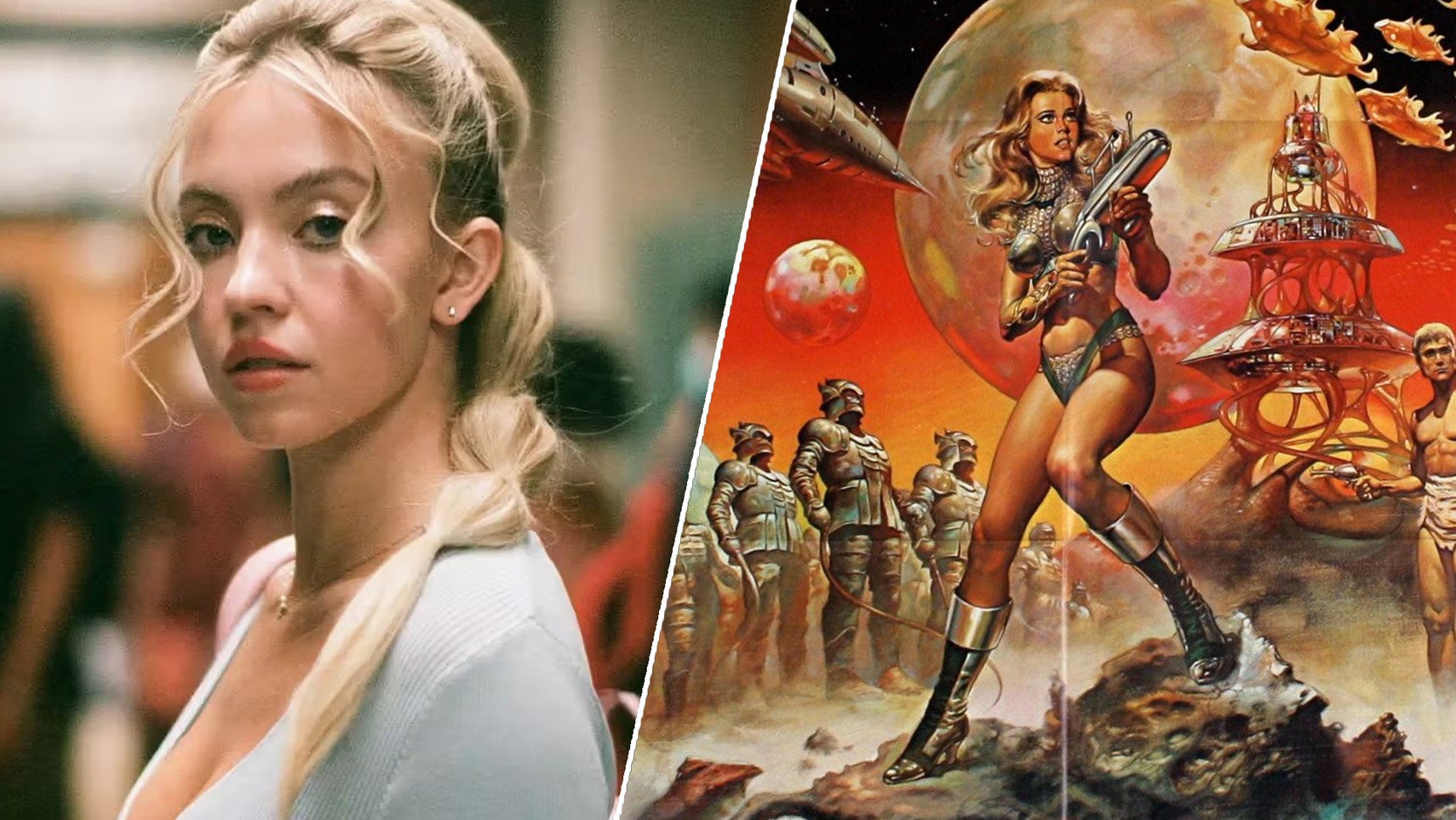 On the left, Sydney Sweeney in Euphoria stood in a highschool hallway. On the right, a poster for Barbarella showing the titular character holding a weapon on an alien planet. - 1