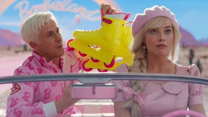 Barbie is sat in the driver’s seat of a pink car, she looks unimpressed, Ken is holding up neon rollerskates.