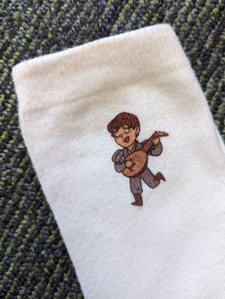 A picture of Bertie&rsquo;s bard socks. Yes of course he has a pair.