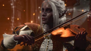 A dark elf bard playing something like a violin.