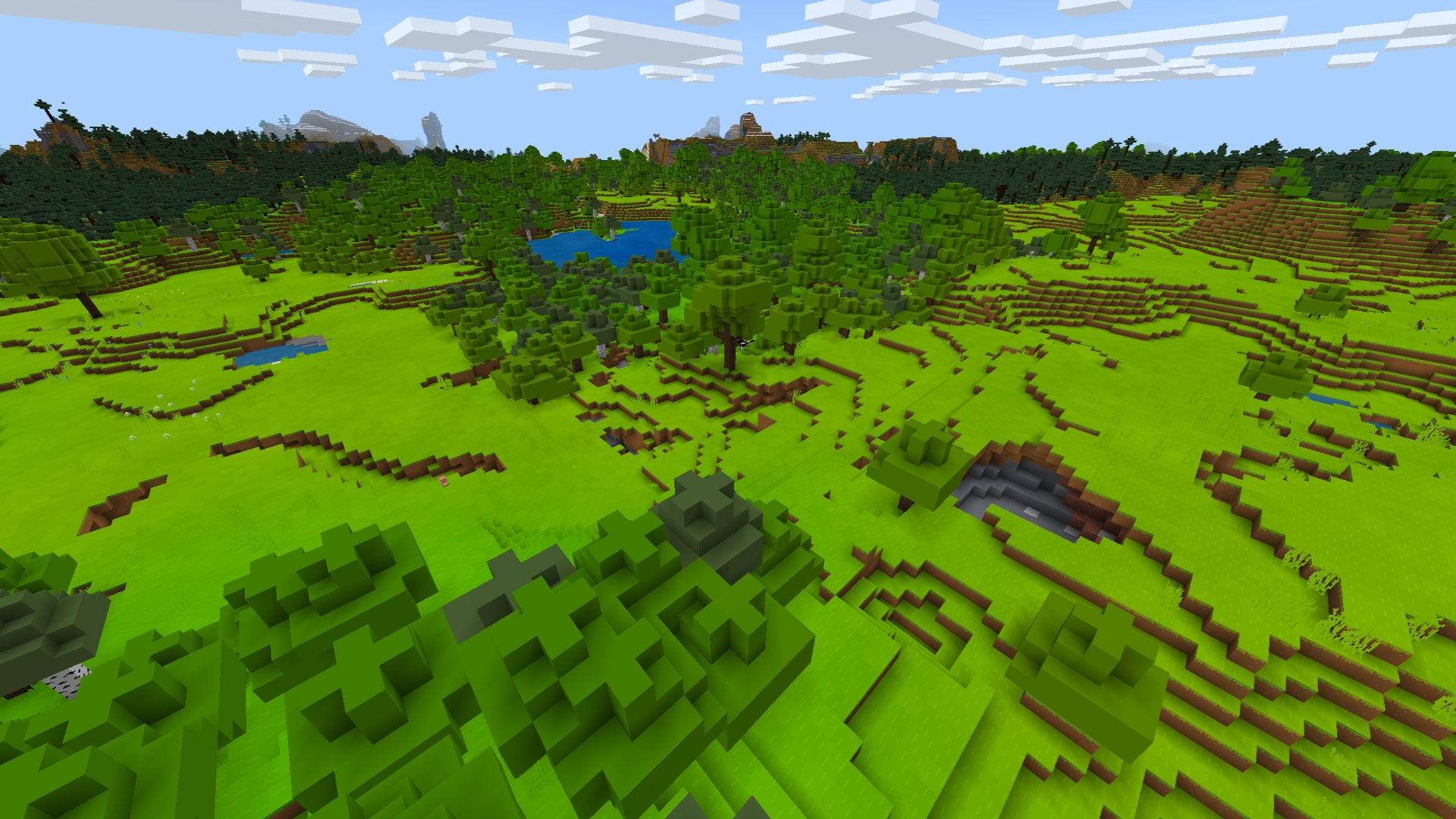 A Minecraft Bedrock screenshot of a landscape displayed using the Bare-Bones Texture Pack. - 5