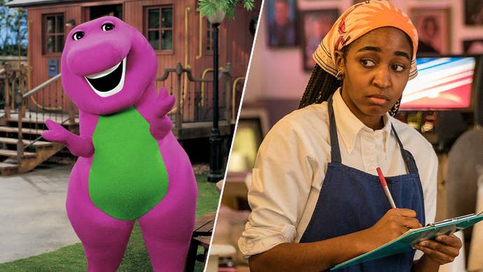 On the left, Barney the Dinosaur stood smiling as he always is. On the right, Ayo Edebiri in The Bear, taking a note of something, she is wearing a chef’s outfit.