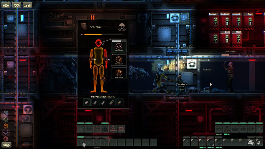A submariner fights off aliens in Barotrauma, probably unsuccessfully