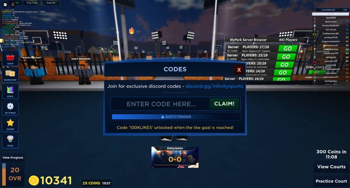 The pop-up where you can enter codes in Basketball Legends.