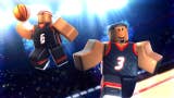 Two Roblox characters playing basketball on a court.