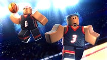 Two Roblox characters playing basketball on a court.