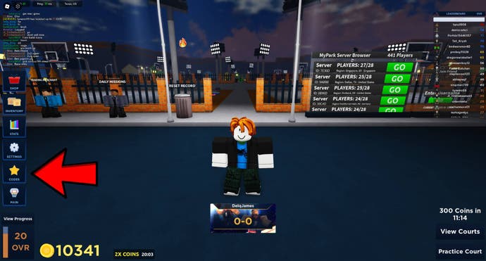 The player Roblox character stood in MyPark with a red arrow pointing at the codes button.