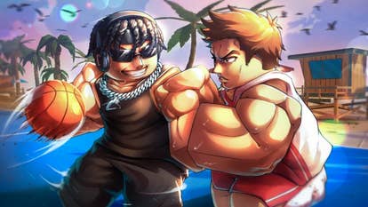 Artwork for the Roblox game Basketball Zero, showing two anime-style characters playing basketball on a court by the beach.