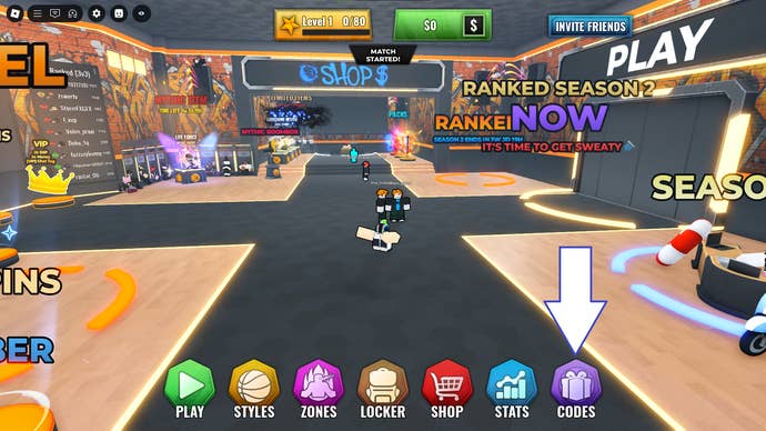 A screenshot of Basketball Zero in Roblox showing the game's codes button.