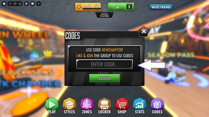 A screenshot of Basketball Zero in Roblox showing the game's codes field.