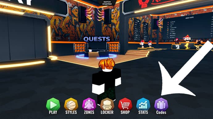 Arrow pointing at the codes button in the Roblox game Basketball Zero.