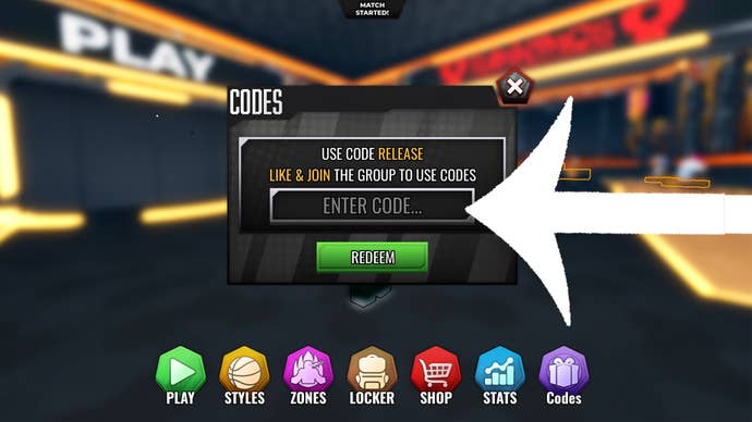 Arrow pointing at the codes menu in the Roblox game Basketball Zero.