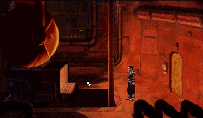 A man enters a room with a conveyer belt, cast in red light, in Beneath a Steel Sky.