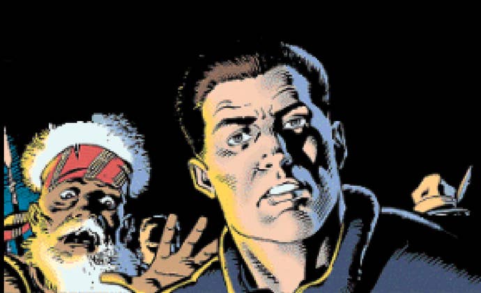 A close-up pixel art shot of a man’s face, with an older man reaching out his hand behind him, in Beneath a Steel Sky.