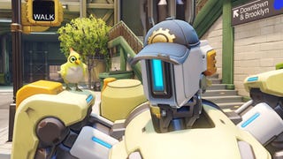 A close-up of Bastion in Overwatch 2, he's wearing one of Torbjorn's caps and Ganymede is sat on his shoulder.