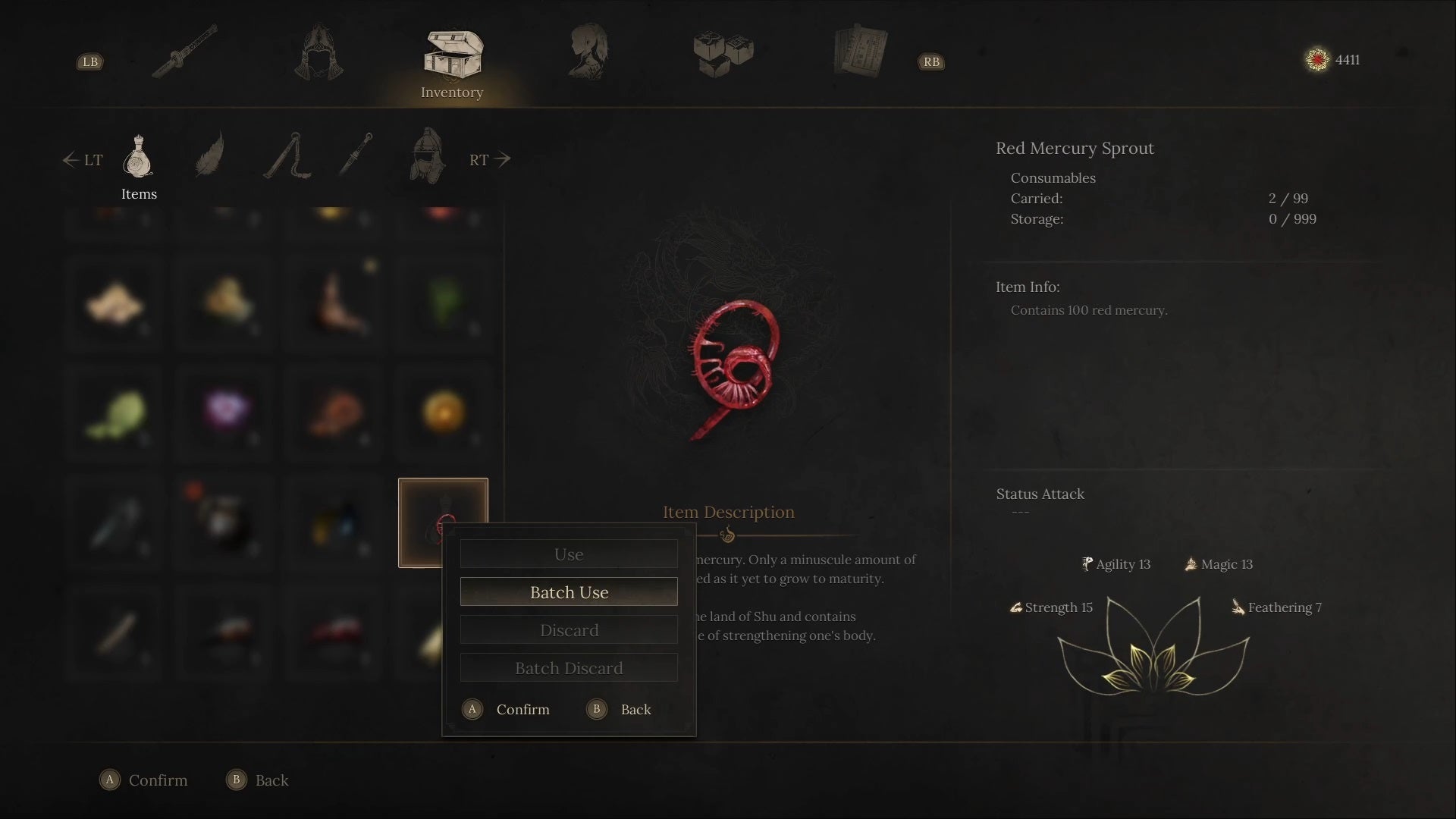 A menu screen in Wuchang: Fallen Feathers showing the Batch Use option for Red Mercury Sprouts. - 6