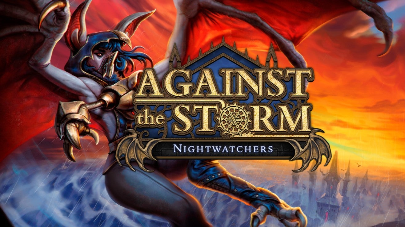 The logo art for Against The Storm's Nightwatchers DLC, showing a bat from the new faction spreading her wings dramatically against a burning red sky. - 1