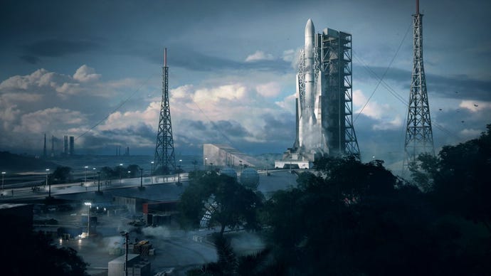 A wide shot of a map from Battlefield 2042 showing a spaceshuttle on a launch pad
