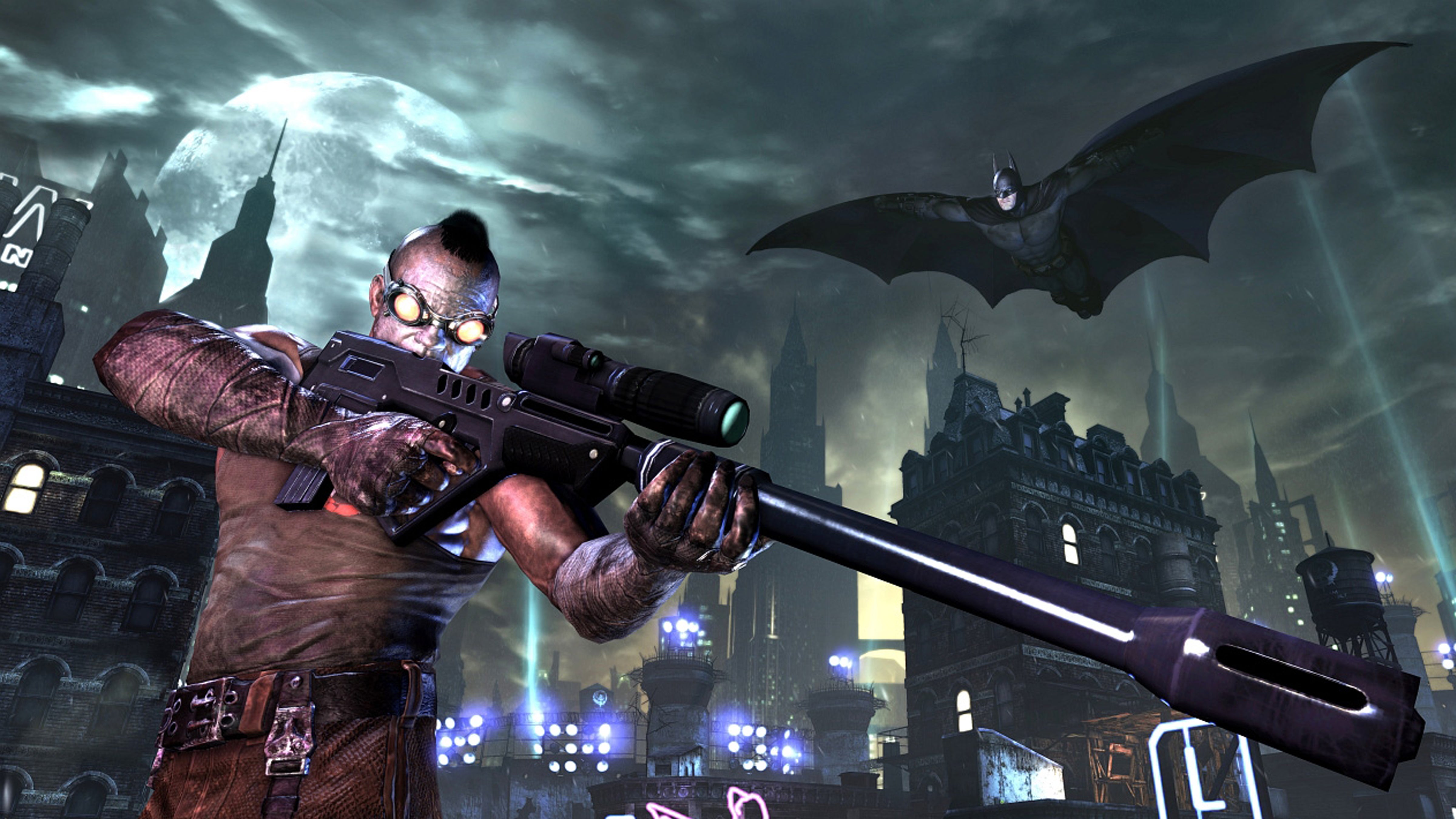 Batman gliding towards an enemy holding a weapon in Batman: Arkham City.