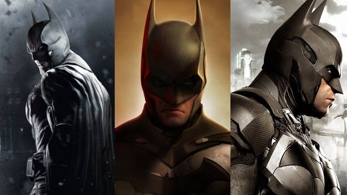 Batman staring and looking serious in artwork for the games Arkham Origins, Arkham Shadow and Arkham Knight.