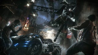 Batman flying from the Batmobile's cockpit in Batman: Arkham Knight.