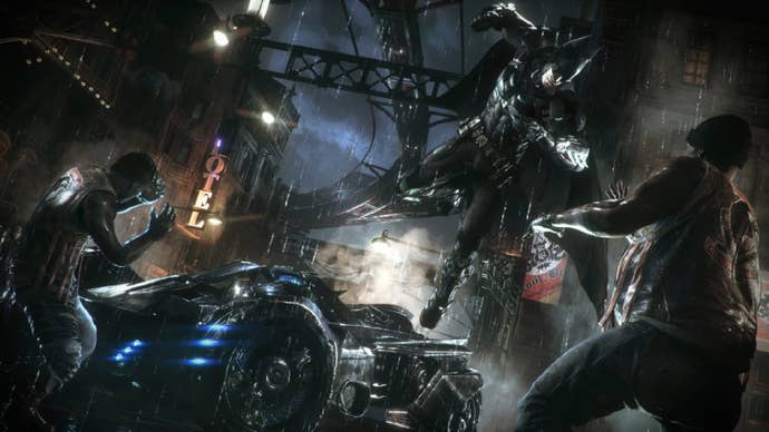 Batman flying from the Batmobile’s cockpit in Batman: Arkham Knight.