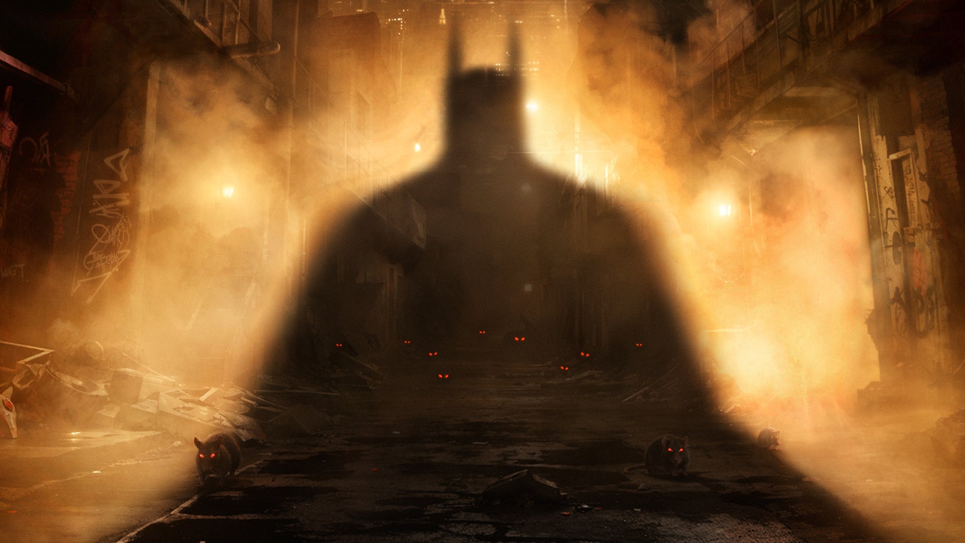 Teaser artwork for VR game Batman: Arkham Shadow, showing the Dark Knight's silhouette projected across an alley of Gotham while rats scurry around - 1