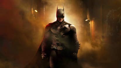 Batman emerges from the steamy streets of Gotham in the key art for Batman Arkham Shadow.